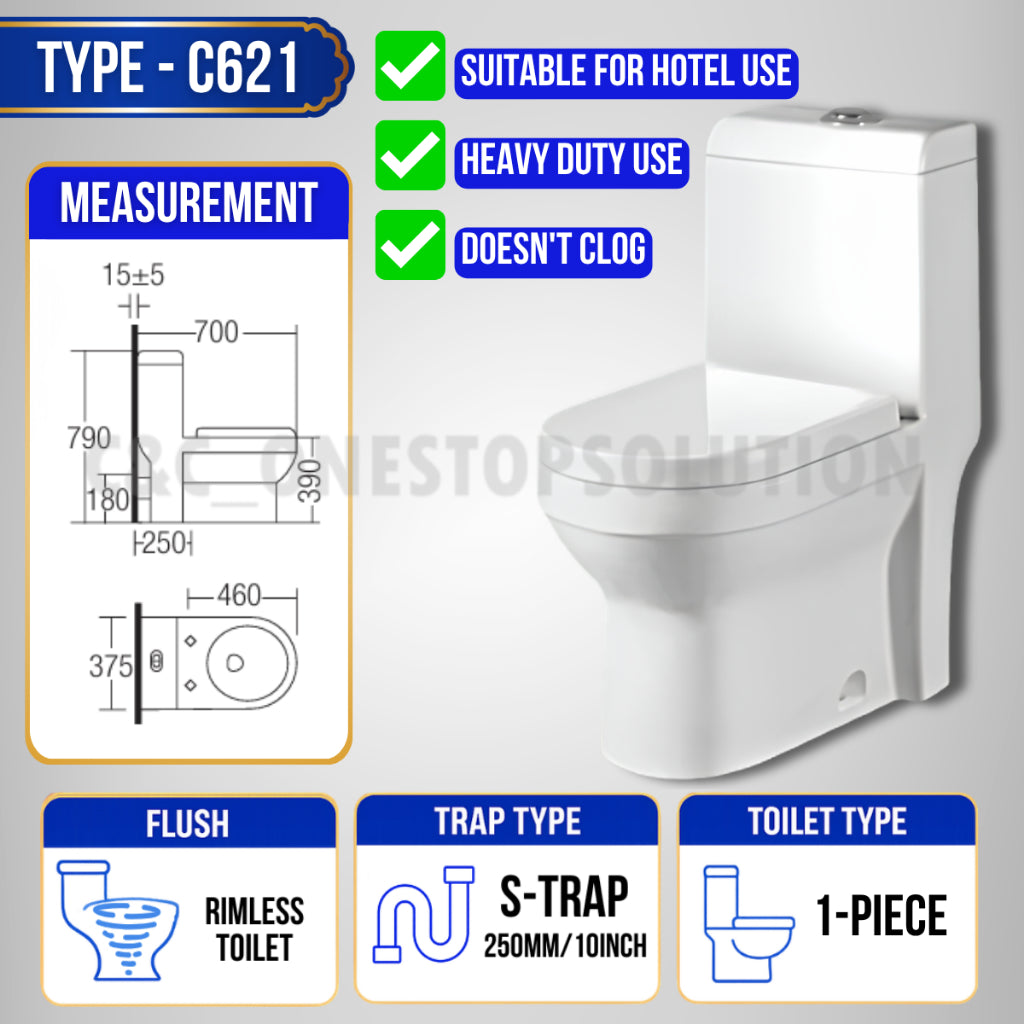TEST JOYMI [Full Set One-Piece Toilet Bowl] with Water Tank and Toilet Seat Cover Full Set S-Trap P-Trap Toilet[C615 A828 C650]