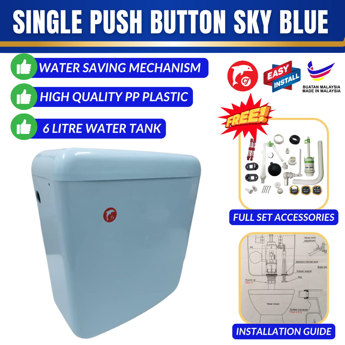 Toilet Water Tank Single Push Button - Sky Bue